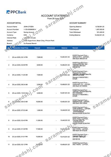 Cambodia PPCBank account statement Word and PDF template